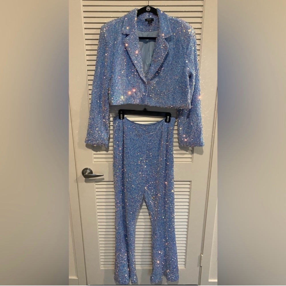 Nasty Gal Light Blue Sequin Cropped Blazer & Pants Set